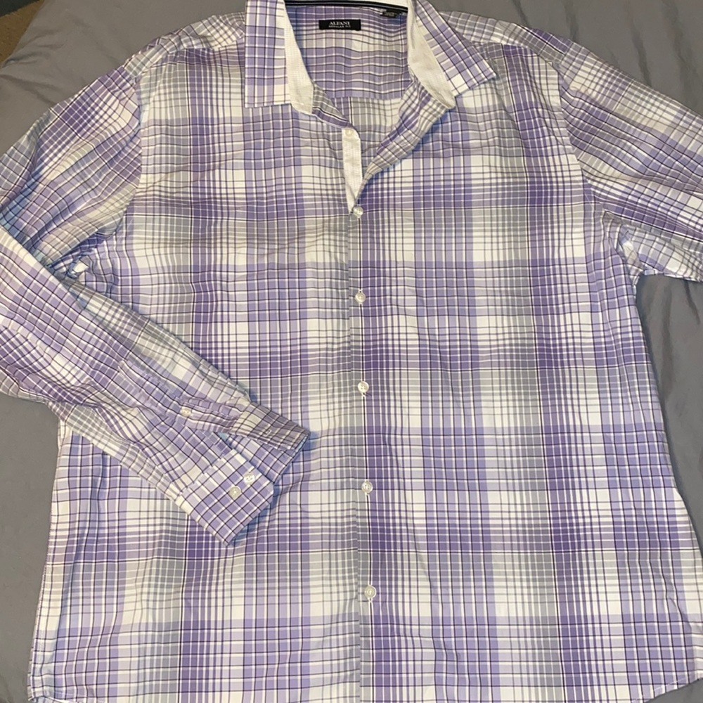 Alfani light purple lavender and white plaid button down dress shirt